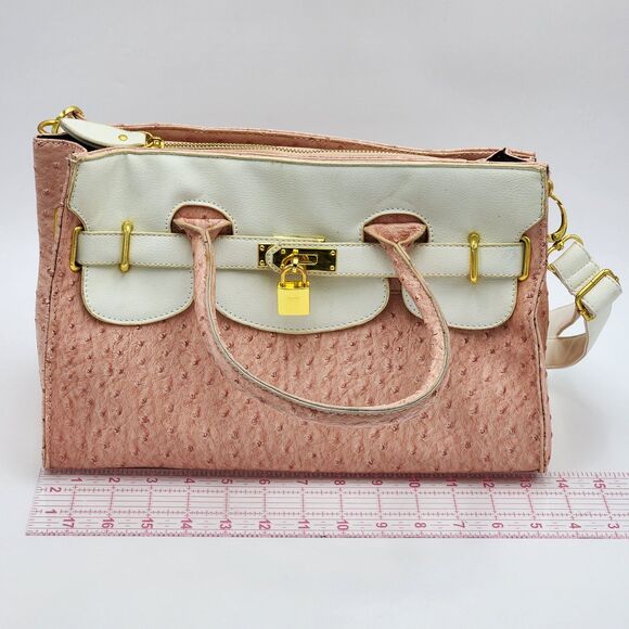 Nillie Pink Embossed Faux Leather Lock Satchel Tote Bag - Picture 11 of 13